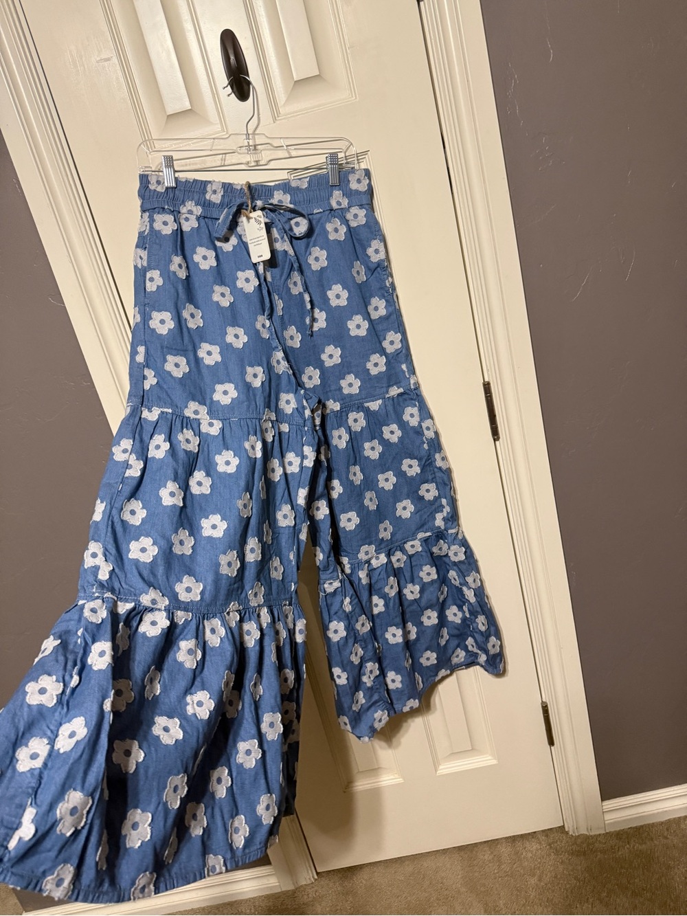 Blue Floral Wide Leg Light Weight Denim - Tiered Flare Pants